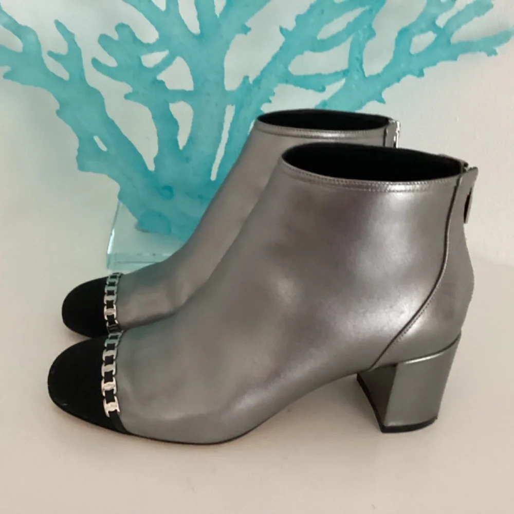 Salvatore Ferragamo Silver leather & Black fabric Chain-Link Accents Ankle Boots